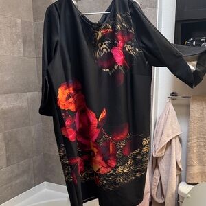 Julian Taylor Black Dress with Red and Orange Floral Design